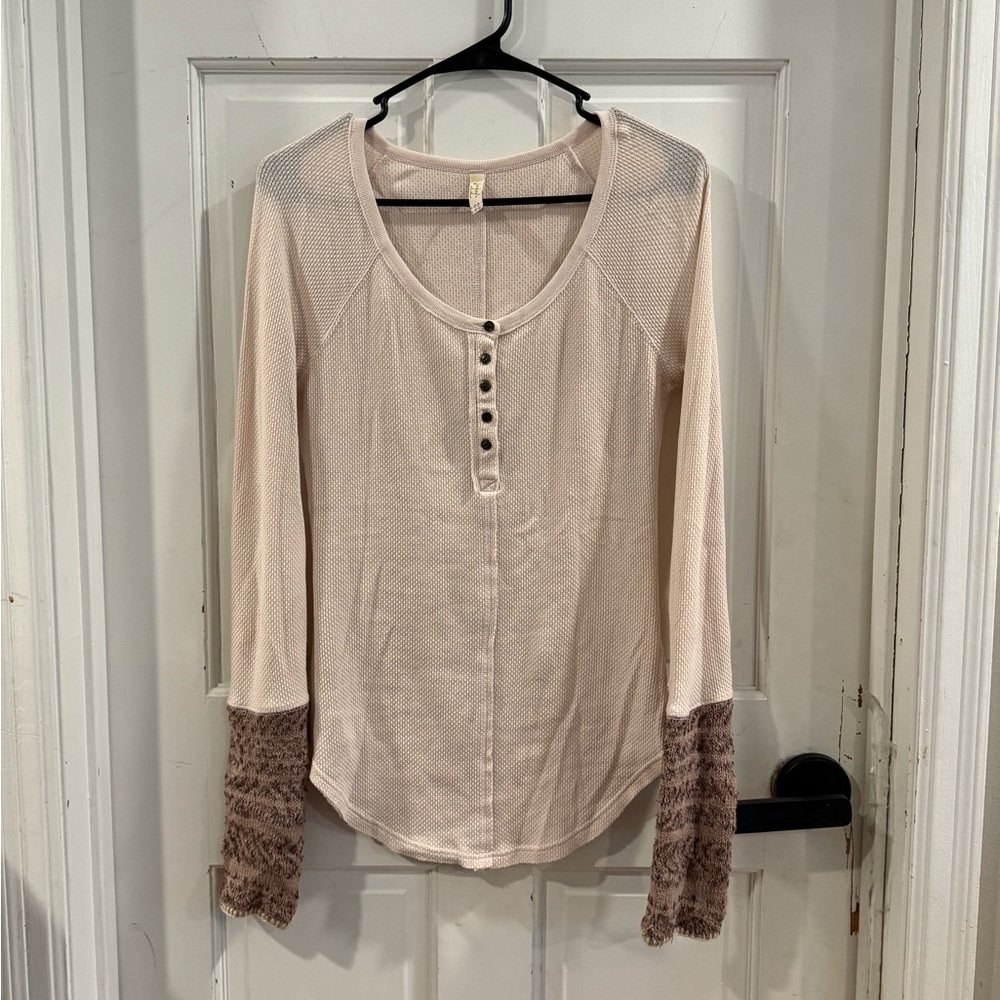Women's Free People Thermal Cream and Brown Long Sleeve Top
